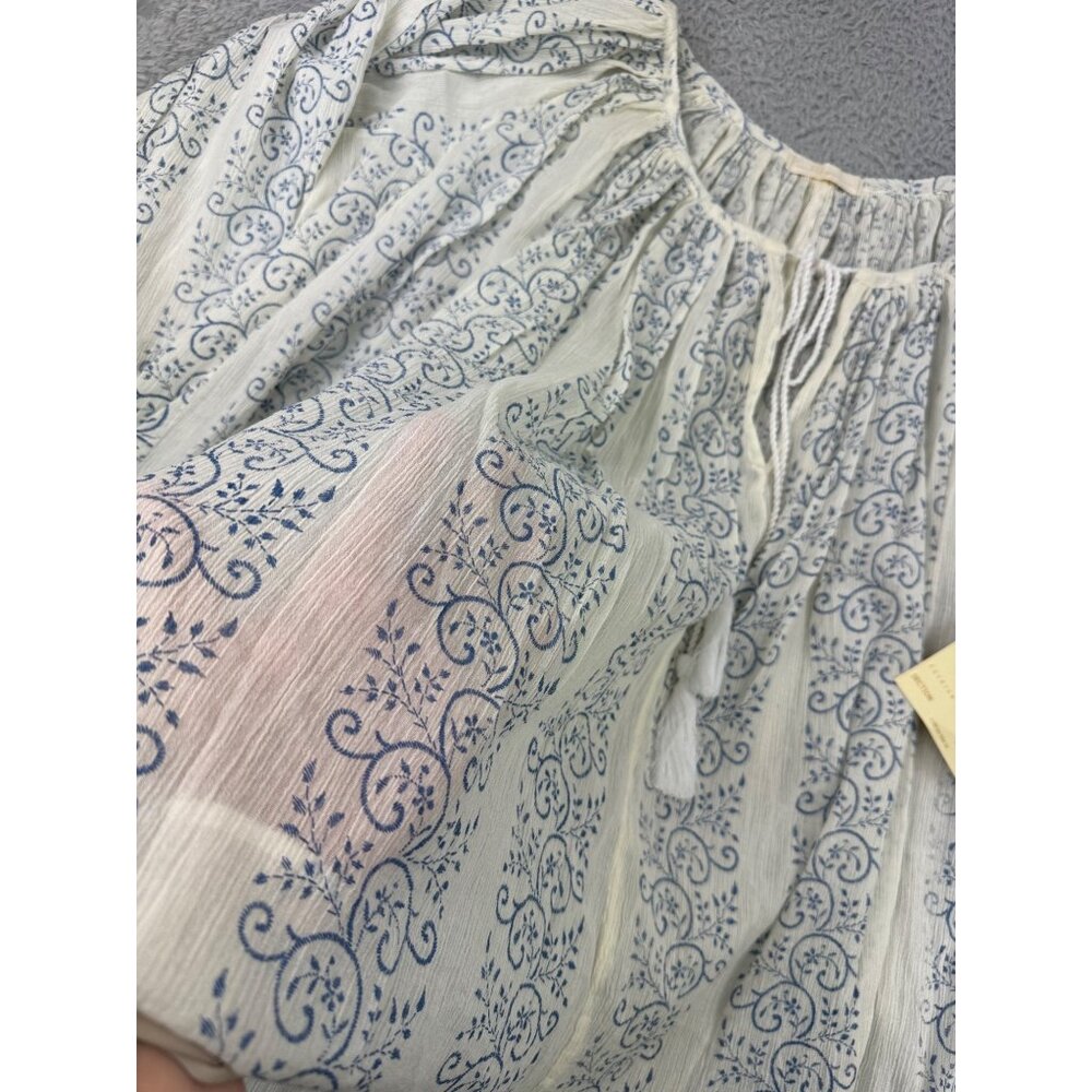 True Religion Womens Boho Top S Blue & White Trellis Print With Princess Seams - Picture 12 of 16
